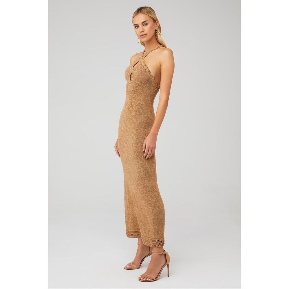 Significant Other Saoirse Midi Maxi Halter Dress Knit Crochet Biscuit Tan Size 6 - Picture 2 of 13